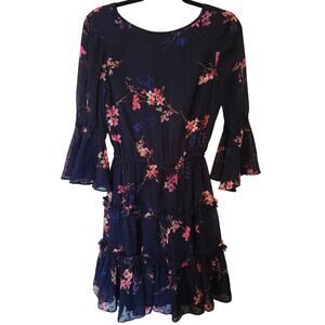 Eliza J Navy Floral Swiss Clip Dot Tiered Ruffle Fit & Flare Dress Size 2